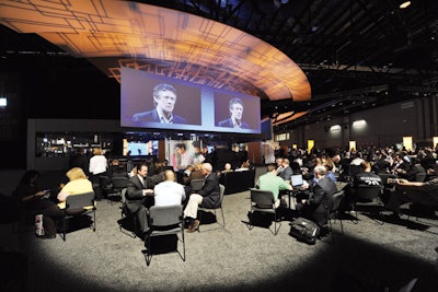 SAP’s 2011 Sapphire Now conference in Orlando created a networking lounge on the show floor where attendees could view the keynote addresses on 18- by 60-foot screens while getting work done.