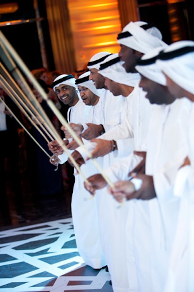 Entertainment included Emirati folk-dance performances by the Abu Dhabi-based National Band for Folk Art. Many of the entertainers were flown in for the event.