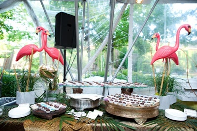 At a table decked out Florida-style with flamingos and palm trees, Fannie May offered artisan chocolates in flavors such as lemonade, chocolate-dipped strawberry, and birthday cake.