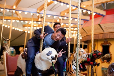 The carousel stayed spinning until 11 p.m., proving to be a popular attraction—and, it turns out, a competitive one. Guests playfully raced toward the creatures they wanted to ride, shouting out dibs on the swan, the cheetah, and the frog.