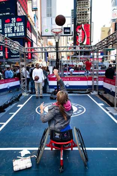 Paralympic sports demonstrations were also a big part of the experiential promotion. One area invited visitors to shoot basketballs from a wheelchair.