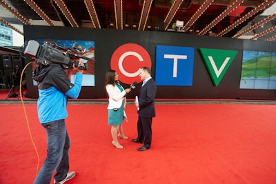 Outside the Sony Centre, a custom CTV build covered venue's facade and DJ Starting from Scratch spun from atop the structure. Two screens bordering the logo displays of a loop of the network's red and green ribbons.