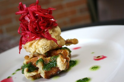 Adapted from an entree served at New York City vegetarian restaurant Dirt Candy, Daniel et Daniel created rosemary-infused waffles served with buttermilk-battered smoked cauliflower, horseradish, pickled cabbage, and wild arugula salsa verde.