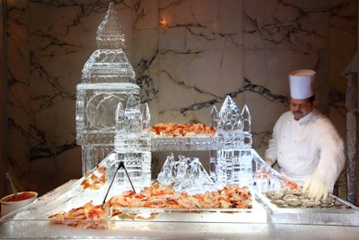 Warner Brothers promoted the 2009 release of Sherlock Holmes in New York with a post-screening party at the Metropolitan Club. Event producers recreated the film's Victorian setting with antique furniture and costumed actors. At the base of a giant ice sculpture shaped like Big Ben and the Tower Bridge, there was an assortment of seafood.