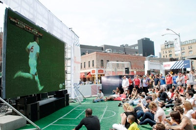 For Nike's World Cup viewing party in 2010, Relevent set up a large video screen in the middle of New York's meatpacking district. Designed to look like a soccer field, the ground was covered with Astroturf.
