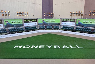 For the Moneyball premiere, a parking lot adjacent to the Paramount Theatre was transformed into a baseball field, complete with scoop stadium lights and 200 authentic stadium seats from Brown United.
