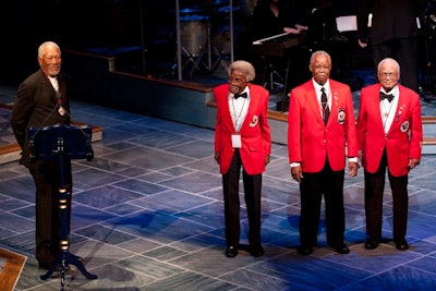 Actor Morgan Freeman honors three Tuskeegee Airmen at the Ford’s Theatre Annual Gala, which had a theme of 'Celebrating Courage.'