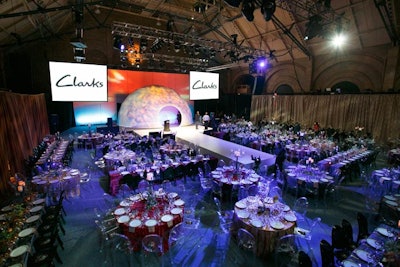 The event for 500 Clarks employees took place at Boston's Park Plaza Castle. 'The space was [given] a global, castle-like feel, with a 30-foot dome that represented Clarks new global direction,' said planner Jane Feigenson.