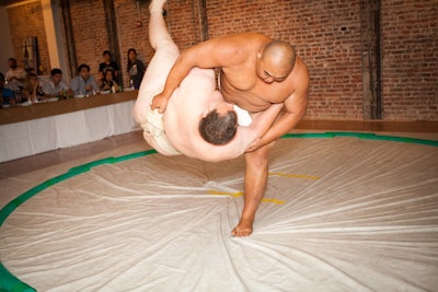 Three-time world sumo champion Byambajav Ulambayar battled three-time U.S. sumo champion Kelly Gneiting at LivingSocial's Sushi With Sake and Sumo Wrestling event.