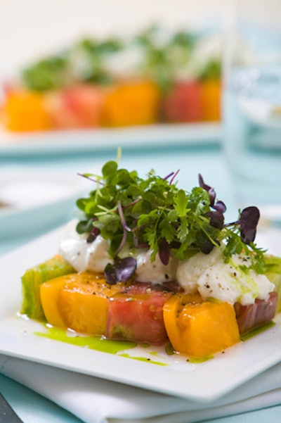 Along Came Mary composed an heirloom tomato and burrata salad for a Sotheby's event at a private residence.