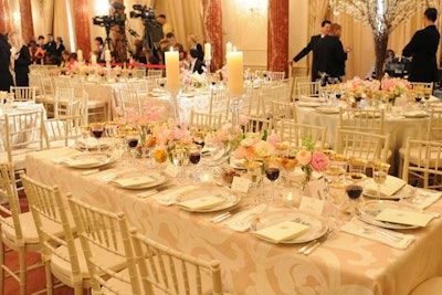The U.S. Department of State hosted a luncheon as part of British Prime Minister David Cameron and Samantha Cameron’s visit to Washington last March. The garden-inspired decor included pink, white, and green centerpieces of roses, sweet peas, and hyacinths as well as arrangements of towering quince branches. Pastel tablecloths, floral-patterned china, and candles completed the look.