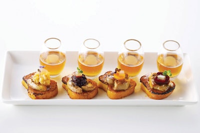 Ideal for fall, Kindred Spirits Catering pairs brulée cinnamon French toast, seared foie gras, and ice cider gelée with shots of Antolino Brongo Cryomalus ice cider.