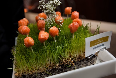 At this year's Luminescence gala in Chicago, passed canapes included cured salmon lollipops, displayed on beds of wheatgrass.