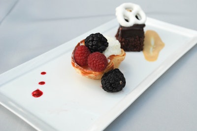The dessert duo included crepe Suzette with vanilla bean mousse, raspberry merlot sauce, and fresh berries as well as a chocolate mousse bar with candy-coated pretzels and hazelnut creme Anglaise.