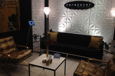 FormDecor’s booth included several new pieces available for rental, including its porcelain-top tables, “Angel” lamps, “Gold Finger” lounge chairs, and “Chrysalis” textured screens, which the company used as smart-looking backdrops for its setup.