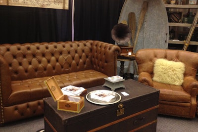 Archive Rentals showed off its collection of vintage, reproduction, and one-of-a-kind pieces on the show floor, like a boat, oars, steamer trunk, and tufted leather sofas. Not on the floor but in Archive’s collection: big-ticket items like Airstream trailers, classic cars, and Vespas.