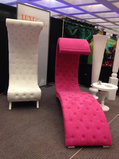 Luxe Event Rentals also showed off two dramatic new curving chaises: the “Epic,” displayed in white, and the “Horizon,” shown in pink.