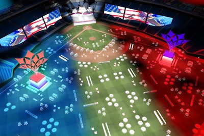 Corporate Magic's vision for the Republican National Convention's welcome event calls for the main stage to be located behind home plate at Tropicana Field, with large white stars hanging above it. Two smaller stages will have 90-foot tension structures in red and blue suspended above them. Around the artificial turf field will be a mix of seating options for the 20,000 invited delegates and media, including lounge seating, high-top tables, and rounds.