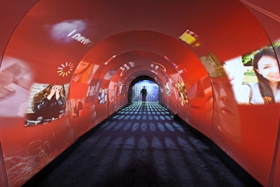 The entryway for the New York event was a tunnel filled with smoke, projections, and audio. The sounds and images playing were of frustrated smartphone users, designed to contrast the setting inside.