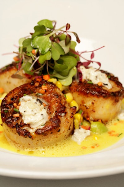 Scallops with Edamame Succotash, Black Truffle Butter and Corn Broth