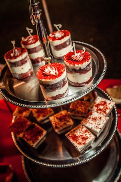 The evening's desserts included a vast array of red velvet confections.