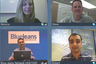 Participants communicating on Blue Jeans Network can be displayed in a variety of formats, such as a grid or with the discussion leader in a large box and other participants shown smaller at the bottom of the screen.