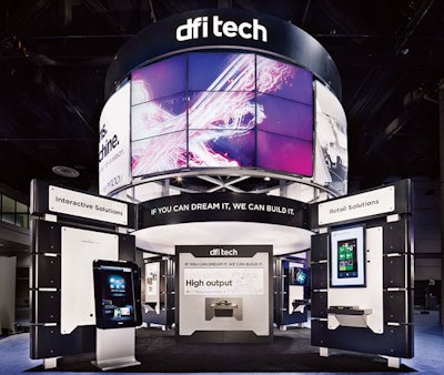 At the center of the booth EWI Worldwide created for DFI Tech at InfoComm 2011 stood a tower of 18 synced screens powered by DFI’s M100 Media Engine, one of the main products being sold at the show.