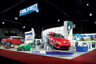 The Falken Tires space for SEMA 2011, designed by Freddie Georges Production Group and fabricated by sister company the Shop @ Show Ready (714.367.9265, showready.com), included a double-decker meeting space, a scenic off-road vehicle display platform, and two elevated luxury vehicle-display platforms.