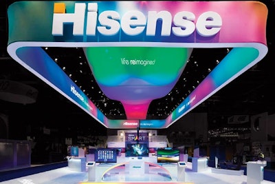 At CES 2012, MC2 used lighting to create an open, inviting atmosphere for the Hisense brand. Color-changing lights were projected onto all-white fabric structures and product displays.