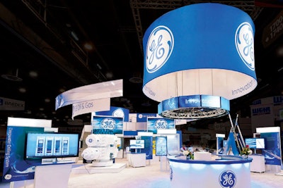 For the 2011 Offshore Technology Conference, 2020 Exhibits created a tech-driven booth for GE Oil & Gas that included touch-screen displays, video walls, a two-story meeting space, and a floating video ring.