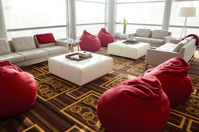 Back-friendly beanbag chairs add a homelike element to the design of one of Marriott’s prototype meeting spaces.