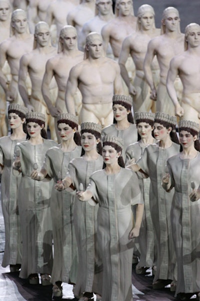 A parade of performers was designed to represent periods in art history, with costumes made from plastics and molded materials.