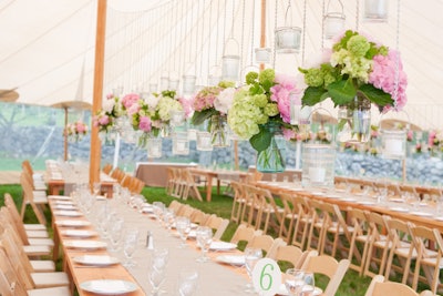 Farm Tables, Burlap, and Hanging Flowers at a Tented Bat Mitzvah