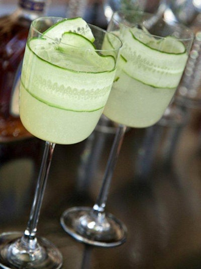 A fun way to dress up a cocktail: line the inside of the glass with a garnish, like this cucumber gimlet from Design Cuisine.