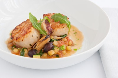 Seared Sea Scallops with Shellfish & Saffron Fregola, Tomato, Zucchini