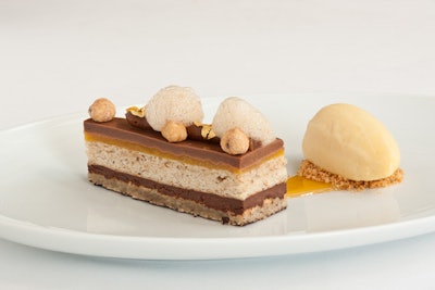 Chocolate & Ginger “palet,” hazelnut sponge cake, gianduja mousse, passion fruit ice cream