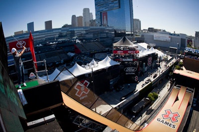 The X Games took over L.A. Live this week, setting up dramatic ramps and stunts—and providing an opportunity for creative, high-profile sponsor branding.