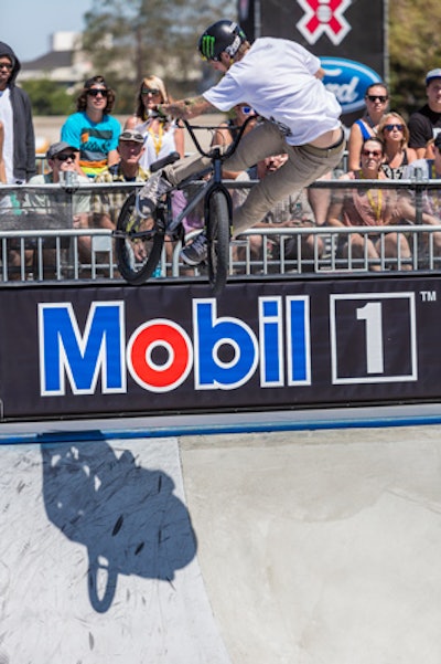 Ben Wallace competed in the BMX Freestyle Park final in front of prominent signage from sponsor Mobil.