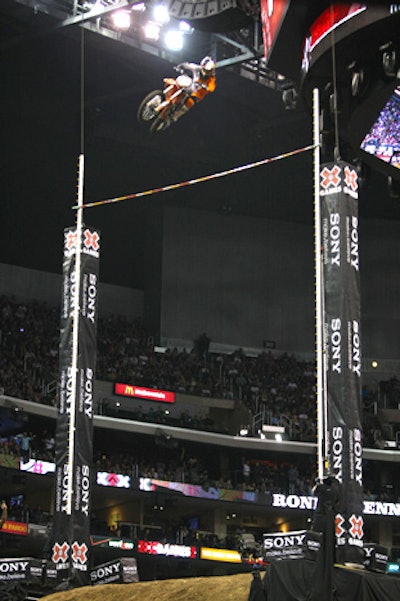 Sony owned the branding at the Sony Moto X Step Up event Friday night. Rivals Ronnie Renner and Matt Buyten broke the X Games record for height cleared on their dirtbikes, with Renner ultimately clearing a bar set 47 feet above the Staples Center dirt.