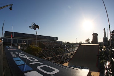 GoPro sponsored BMX Big Air Sunday night, placing its logos on the event's setup on a massive scale. Steve McCann won the BMX Big Air gold medal on the final run of the competition as the sun set over downtown.