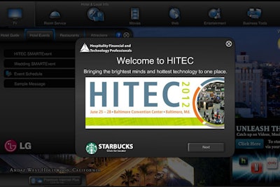 The SmartEvent application from Roomlinx operates on the hotel room's television. Planners create a custom welcome message that can include links to sponsors and exhibitors.