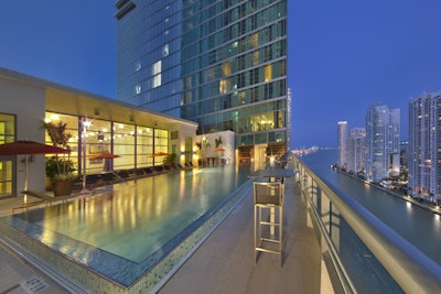 View of the entire pool deck, looking towards the bay.