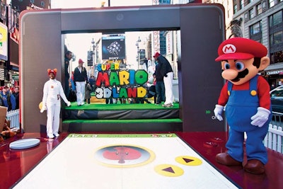 The Super Mario 3-D Land for Nintendo 3DS launch took over Times Square with a life-size replica of one of the game’s levels fabricated by EPS-Doublet. Visitors entered through a 20-foot-tall 3DS unit.