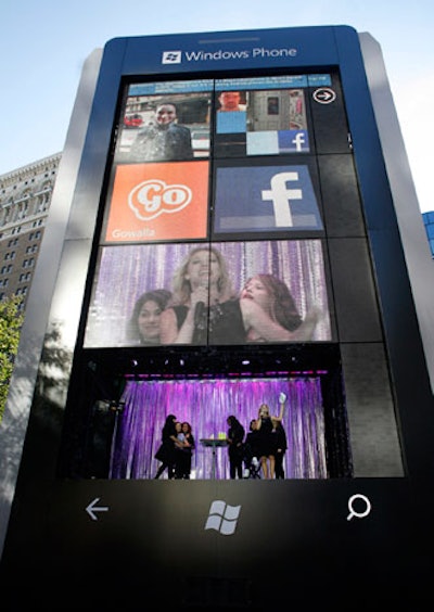 For the release of the Windows Phone 7.5, Wexley School for Girls constructed a 55-foot-tall cell phone in Herald Square. Showcasing the phone’s tile-based organization, it was divided into two stages that were covered by video walls when not in use.