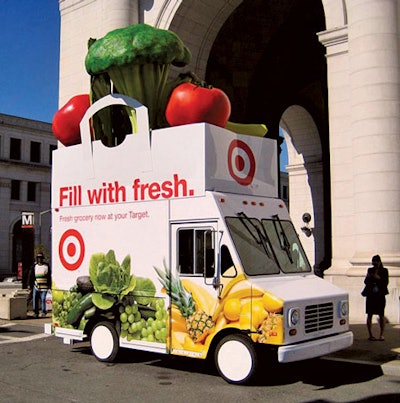 To announce that Target would be selling produce, David Stark designed trucks that looked like huge shopping bags to distribute groceries to pedestrians in Chicago and Washington. Atomic Design created the carved foam vegetables and bag topper.