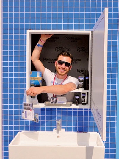 CBS Design and Fabrication Services worked with Target 10 to create a bathroom display that toured gay pride festivals in 2011 to promote Rogaine and Neutrogena Men. The setup included two working sinks; workers handed out products from inside medicine cabinets.