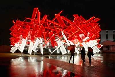 The exterior of Coca-Cola's pavilion inside Olympic Park is marked by 200 red and white panels, each the size of billboards.