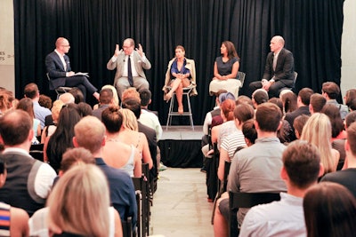 Held at Bumble & bumble's building in the meatpacking district, the July 23 Fashion GPS conversation series discussion included (pictured, left to right), moderator Simon Collins, IMG Fashion's Peter Levy, Made Fashion Week's Jenné Lombardo, KCD's Rachna Shah, and style.com's Dirk Standen.