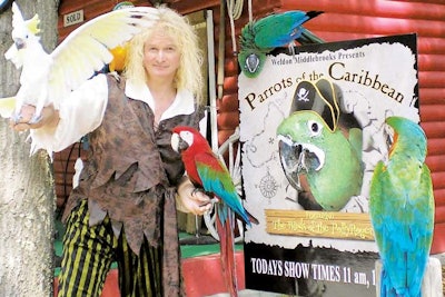 Trained macaws and cockatoos perform memory and coordination exercises set to music in the Cheep Thrills bird show. During each 20-minute revue, five birds ride bicycles, roller skate, solve intelligence puzzles, balance on props, and interact with the audience. Past clients include American Airlines, Y.M.C.A., and Microsoft. The shows are available worldwide.