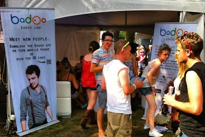 Badoo, a London-based social networking and dating site, offered free downloads of its app. Those who did get the app also received free sunglasses (a perk on the festival's blindingly sunny final day) and were entered to win tickets to the V.I.P. area. Brand reps told guests that the site is 'big in Europe,' and just being discovered in the states.
